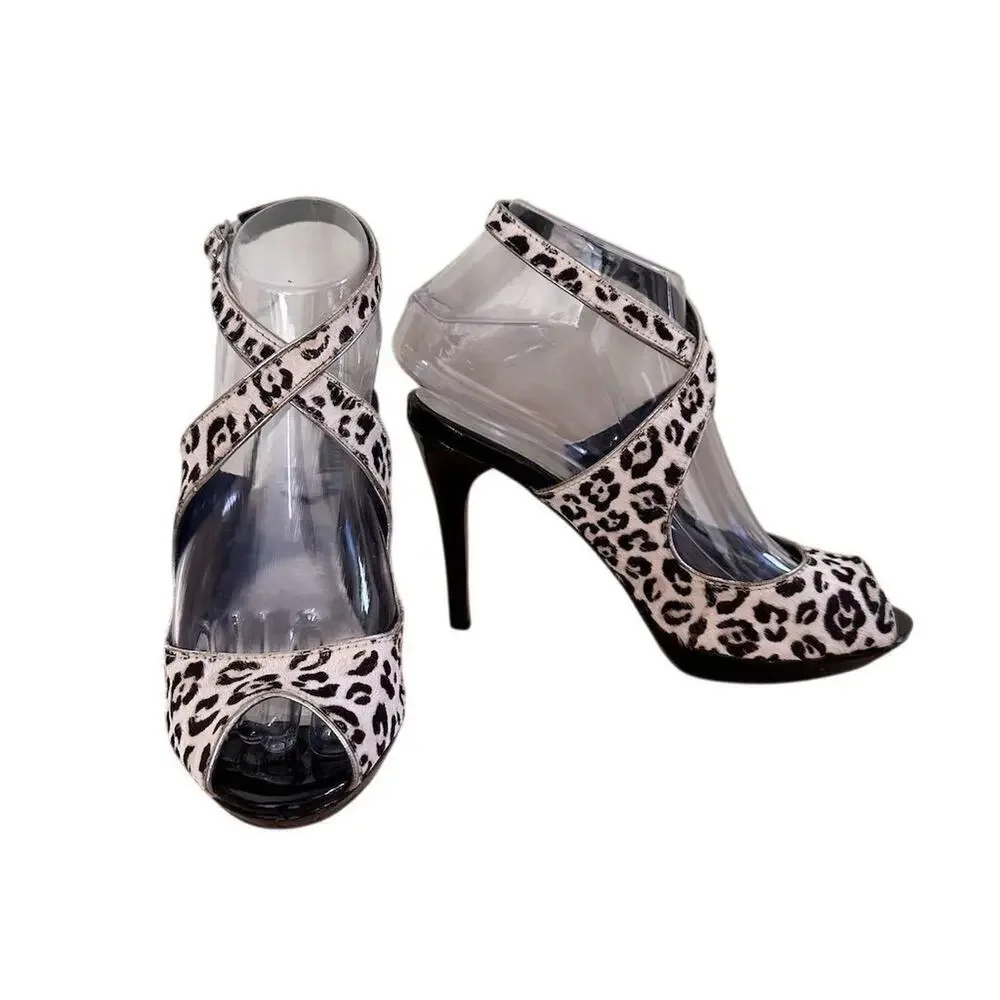 🌸3/$15🌸 WHBM Women’s Leopard Print Calf Hair Peep Toe Strappy Heels‎ Size 6.5